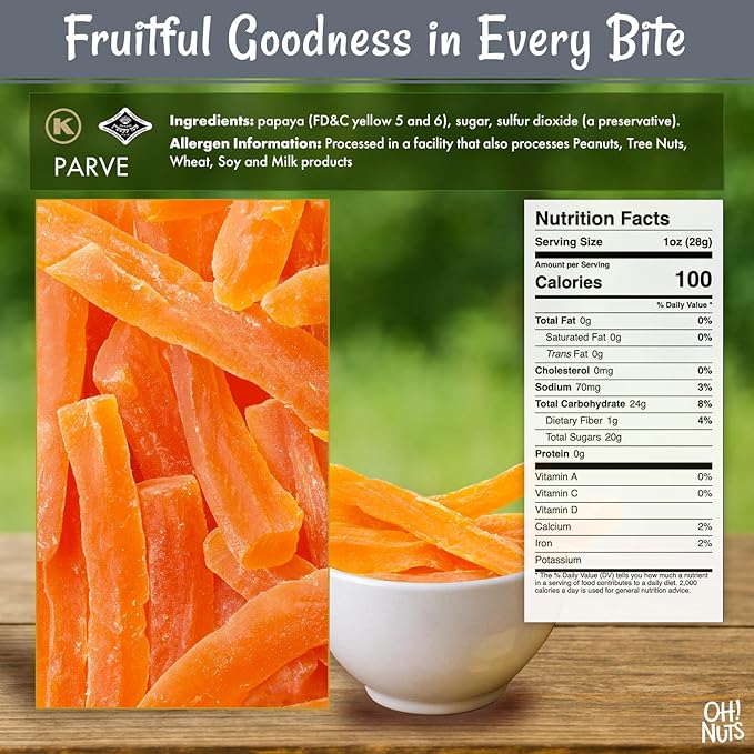 Oh! Nuts Dried Papaya Spears - 2 lb - Dried Fruit Spears - Less Sugar Added - Dehydrated Fruit