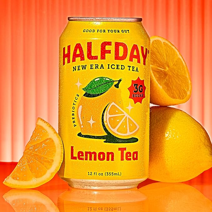 HALFDAY Prebiotic Lemon Iced Tea Cans, Supports Digestive & Gut Health, 6g Plant Fiber &