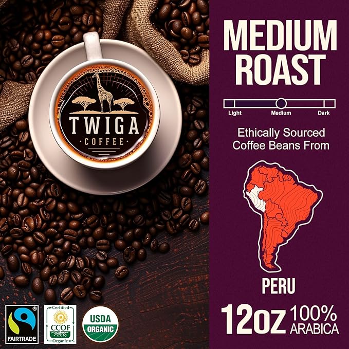 Twiga Coffee Peruvian Coffee Beans ??Medium Roast Arabica Whole Beans with Brown Sugar, Pear & Sage