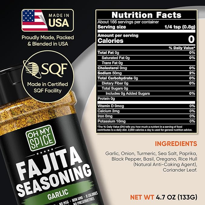 Fajita Seasoning Mix Garlic Powder Seasoning - Gluten Free & Low Sodium Mexican Seasonings Blend