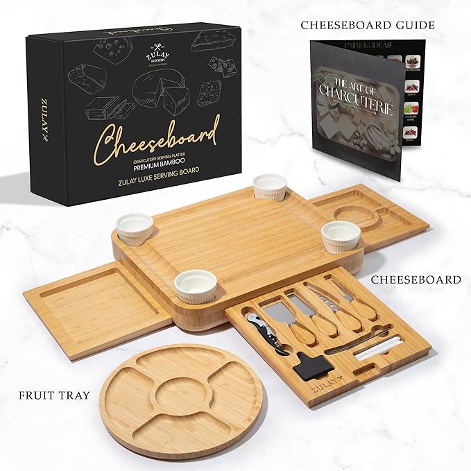 Zulay Kitchen Deluxe Bamboo Cheese Board Set - Extra Thick Bamboo Charcuterie Board Set with 4