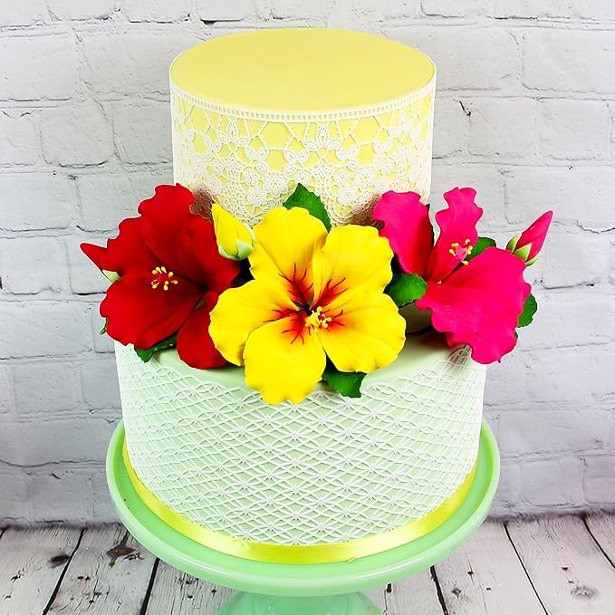 Global Sugar Art Hibiscus Sugar Cake Flowers Spray, Yellow Hawaiian Cake Flower Large. 1 Count by