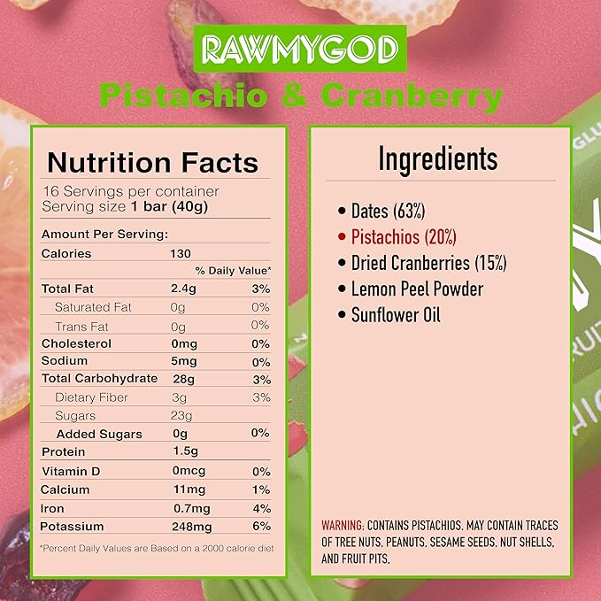 RAWMYGOD Fruit and Nut Bars, Gluten Free, Vegan, No Added Sugar (16 bars, Pistachio & Cranberry)