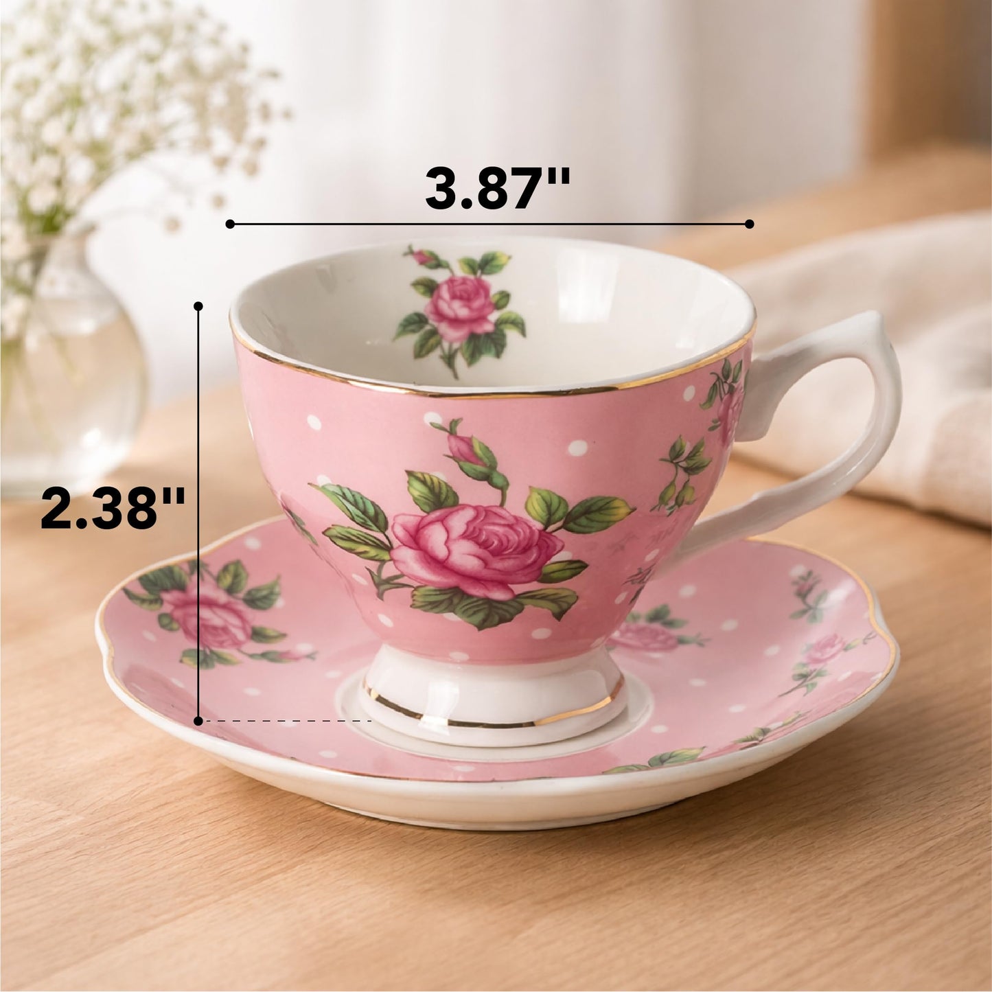 BTaT- Floral Tea Cups and Saucers, Set of 4, 8 oz, Fine Porcelain Teacup Set with Gold Trim for