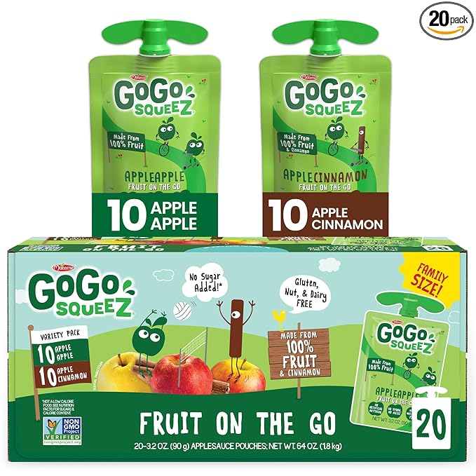 GoGo squeeZ Applesauce and Fruit Puree Variety Pack, Apple & Cinnamon, 3.2 oz (Pack of 20)