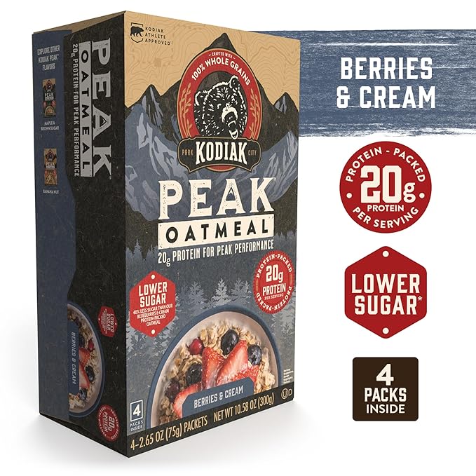 Kodiak Cakes Peak Instant Oatmeal Packets, Berries & Cream, High Protein,100% Whole Grains, 6 box