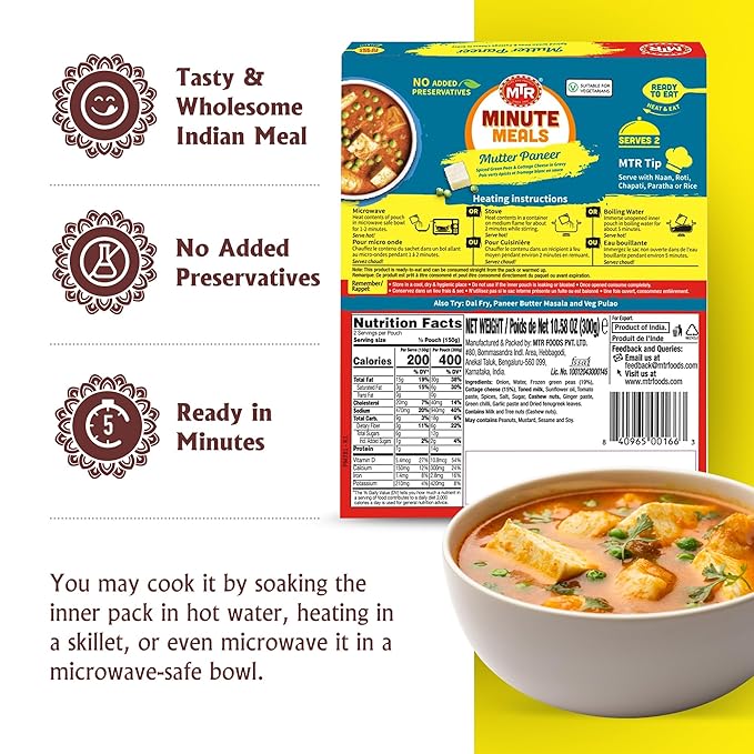 MTR - Minute Meals: Mutter Paneer - Spiced Green Peas & Cottage Cheese in Gravy - Tasty Indian Meal