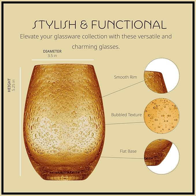 Artland Stemless Wine Glass, Set of 4 | Iris Seeded Design, Amber | Drinking Glass for Parties and