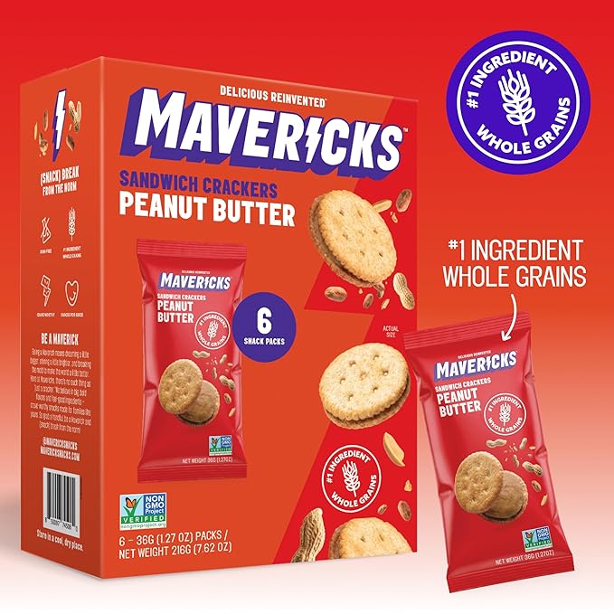 Mavericks Sandwich Crackers Peanut Butter - Plant-Based Peanut Butter Sandwich Snack Crackers