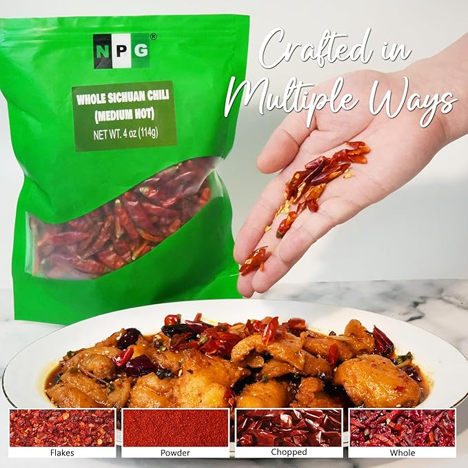 NPG Sichuan Red Chili Peppers 4 Ounces, Medium Hot, Premium Szechuan Dried Red Chilies for Chili