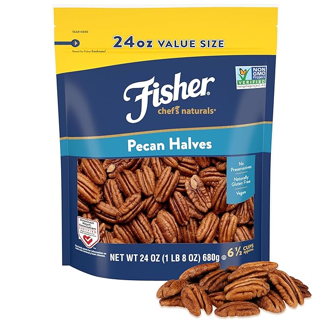 Fisher Chef's Naturals Pecan Halves 24 oz Resealable Bag, Unsalted Raw Nuts for Cooking, Baking &