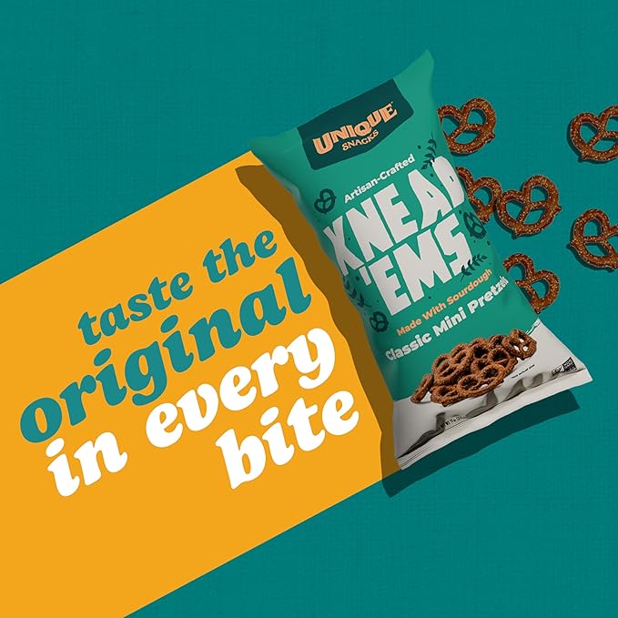 Unique Snacks Knead 'Ems, Sourdough Mini Pretzels, Artisan-Crafted Vegan Snacks, Non-GMO, Kosher