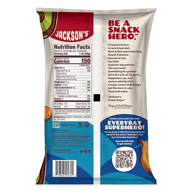 Jackson???Sweet Potato Kettle Chips with Sea Salt made with Premium Avocado Oil (5 oz, Pack of 12)