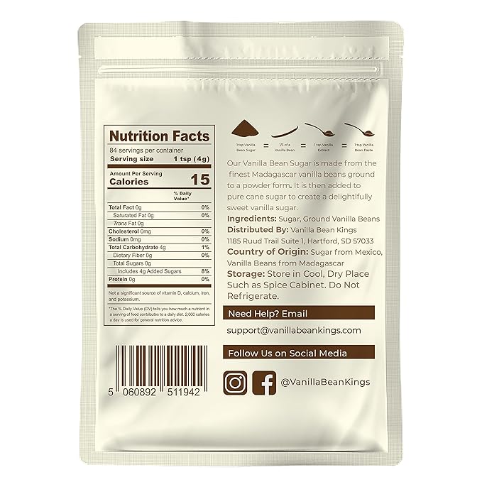 Pure Vanilla Bean Sugar - Made with Real Madagascar Pods & Pure Cane Sugar - For Cooking, Baking, &