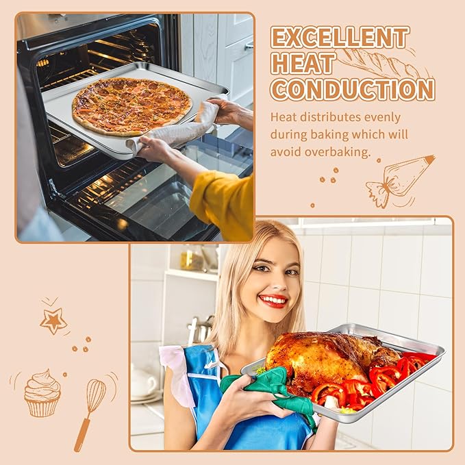 Stainless Steel Baking Sheet Set of 2, Deedro Cookie Sheet Metal Baking Pan Oven Tray, Non Toxic &