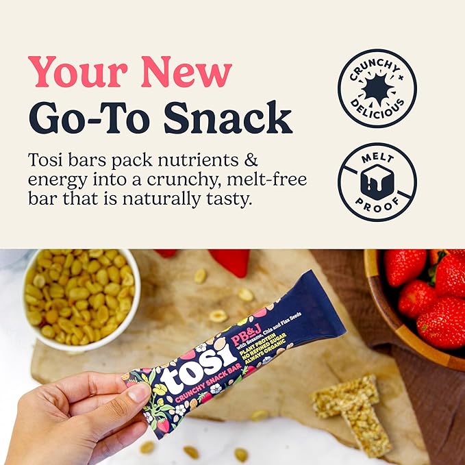 Tosi Peanut Butter & Jelly Protein Bars, Plant Based with Nuts, Gluten-Free Crunchy Snacks, Vegan