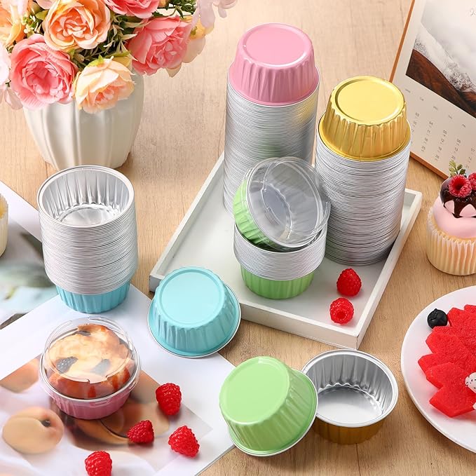 Gejoy 400 Pcs Aluminum Foil Baking Cups with Lids 5 oz Disposable Ramekins Mini Cake Pans Creme