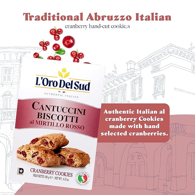 L'Oro Del Sud Cranberry Biscotti, Cantuccini d'Abruzzo, Italian Cookies Madewith Real Quality