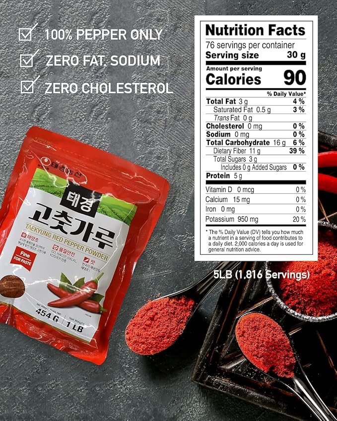Taekyung Chili Powder For Paste (Fine, 5LB) - Korean Gochugaru. Red Pepper Spice Seasoning for