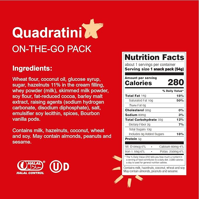 Loacker Quadratini Hazelnut Bite-Size Wafer Cookies, Crispy Wafers with 4 Creamy Layers of Hazelnut