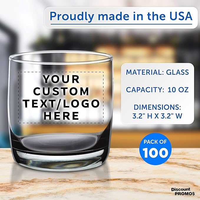 DISCOUNT PROMOS Custom Whiskey Glasses 10 oz Set of 100, Personalized Bulk Pack - Heavy Base Old