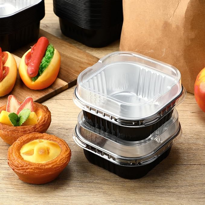 Aoriher 150 Pieces 10 oz Mini Cake Pans with Lids Aluminum Foil Baking Cups Square Disposable 4" x