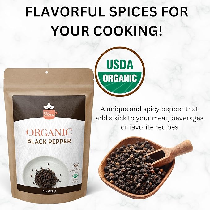 SPICY ORGANIC Black Peppercorns ??16 oz - Whole, Fresh, and Spicy Black Pepper for Grinder Refill