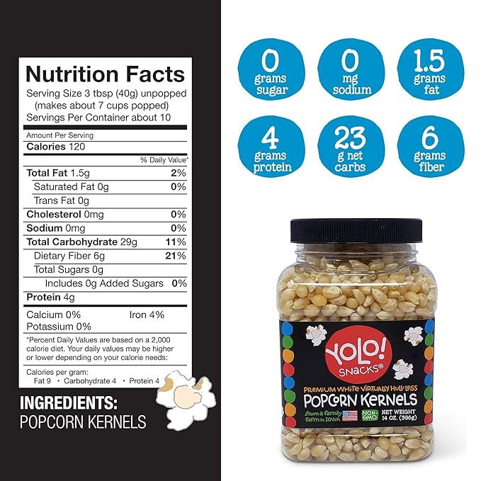 YOLO! Snacks - Gourmet White Virtually Hulless Popcorn Kernels - Small Kernels - Non-GMO - 14oz (3
