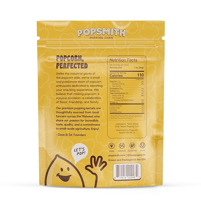 Popsmith - 28oz Pouch Yellow Popcorn Kernels for Popping - Grown in USA, Non-GMO, Vegan, and