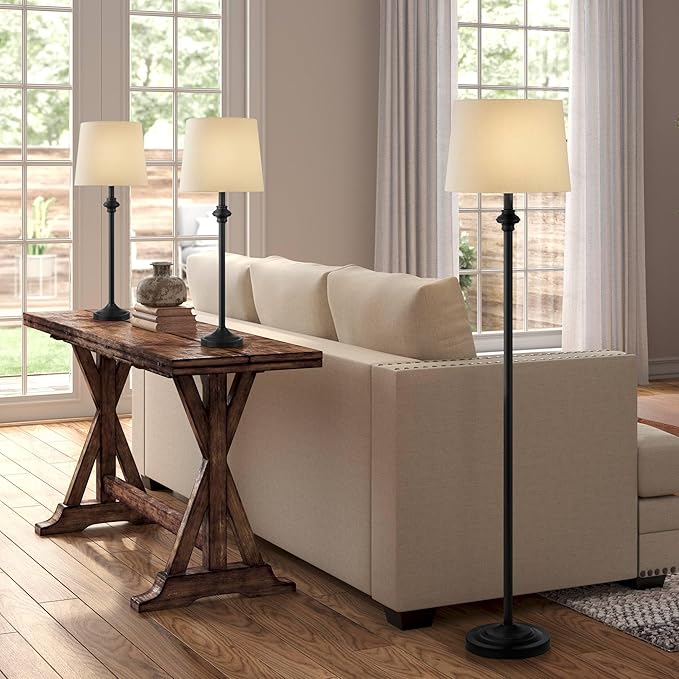 360 Lighting Carter Traditional 3 Piece Table Floor Lamp Set Black Metal Cream Fabric Tapered Drum