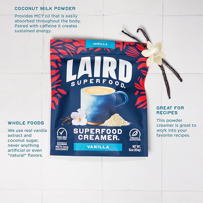 Laird Superfood Non-Dairy Original Superfood Vanilla Coconut Powder Coffee Creamer, Gluten Free