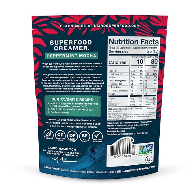 Laird Superfood Non-Dairy Original Superfood Peppermint Mocha Coconut Powder Coffee Creamer, Gluten