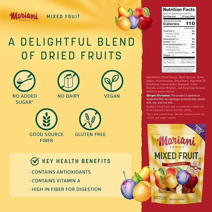 Mariani Mixed Fruit - 30oz Bulk Bag, Dried Fruit Mix No Sugar Added - Pears, Plums, Peaches