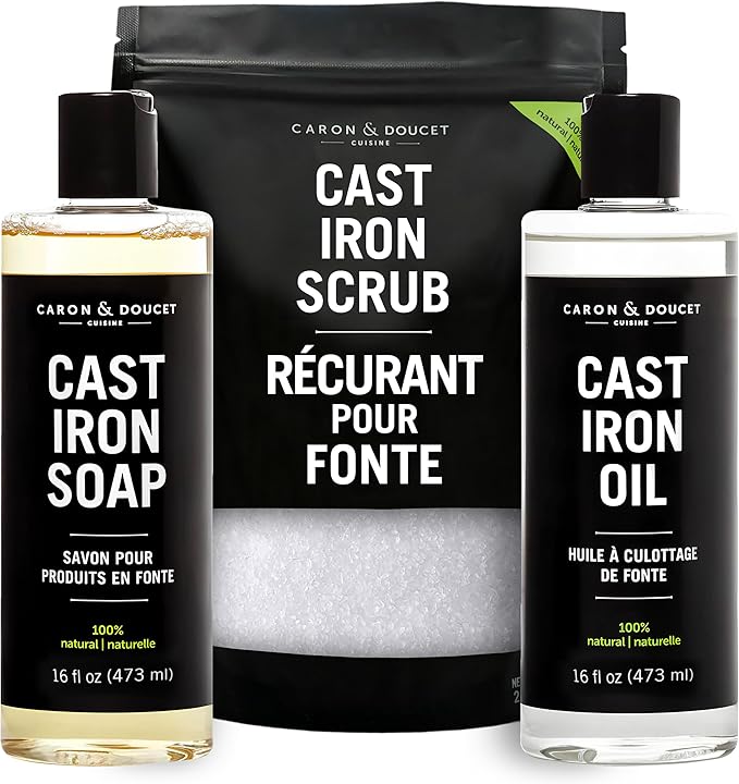 CARON & DOUCET ??Ultimate Cast Iron Set PLUS: Seasoning Oil, Cleaning Soap & Restoring Scrub | 100%
