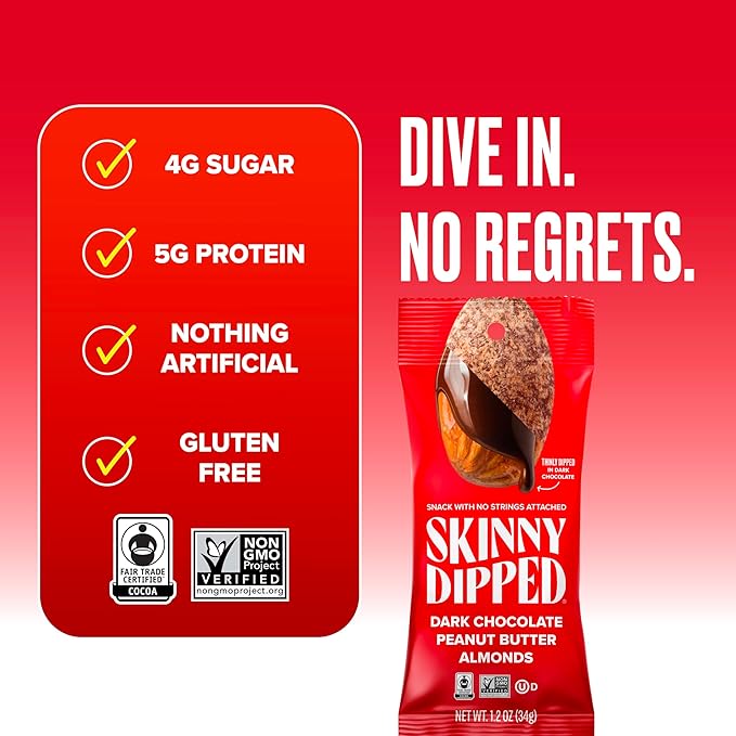 SkinnyDipped Dark Chocolate Peanut Butter Almonds, Chocolate Covered Almonds, Low Sugar, Gluten