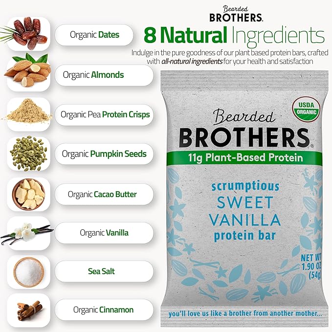 Bearded Brothers Organic Protein Bars, Dark Chocolate and Vanilla (10 Pack) - Plant Based Protein