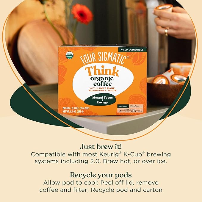 Four Sigmatic Mushroom Coffee K-Cups | Organic Dark Roast Coffee with Lion’s Mane Mushroom Powder &