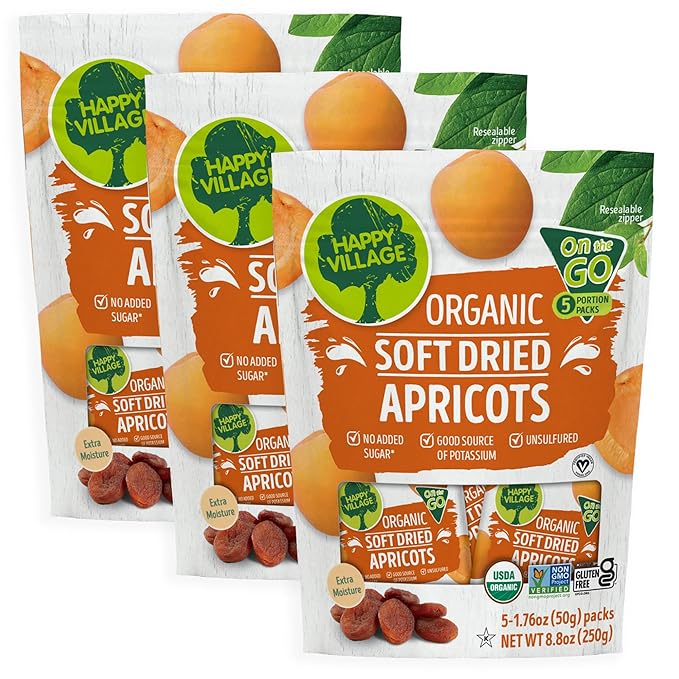 Happy Village Organic Soft Dried Apricots On the Go – 3 Bags (15 Individual Portion Packs) |
