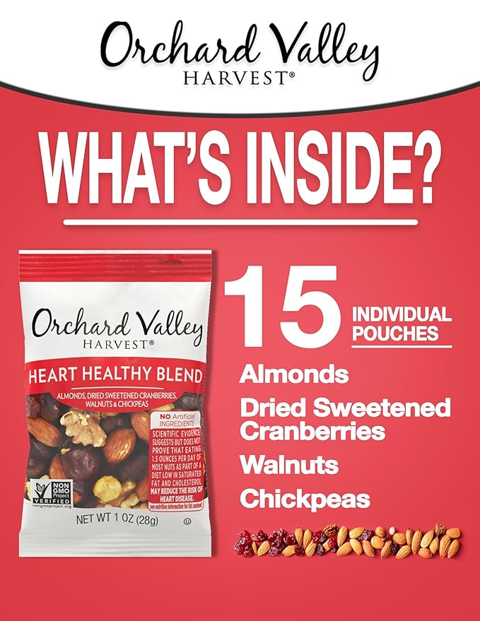 Orchard Valley Harvest Heart Healthy Blend, 1 Ounce Bags (Pack of 15), Almonds, Cranberries