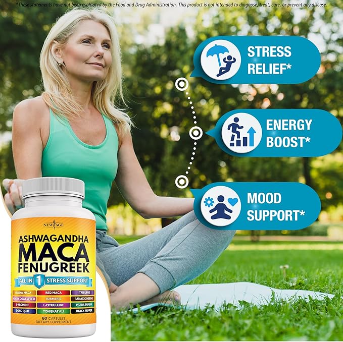 NEW AGE Ashwagandha Maca Root Fenugreek Supplement with Tongkat Ali Ginseng - Assists with Overall