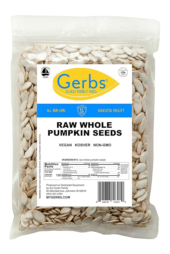 Gerbs Raw Whole Pumpkin Seeds 1 lb. | In-Shell, 10.5 mm Size, Resealable Bag | Mildly Nutty &