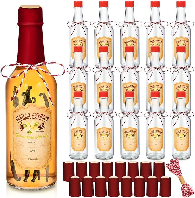 Tioncy 16 Pcs Vanilla Extract Bottles for Homemade Vanilla Jar Glass Bottle with Cap, Shrink Band