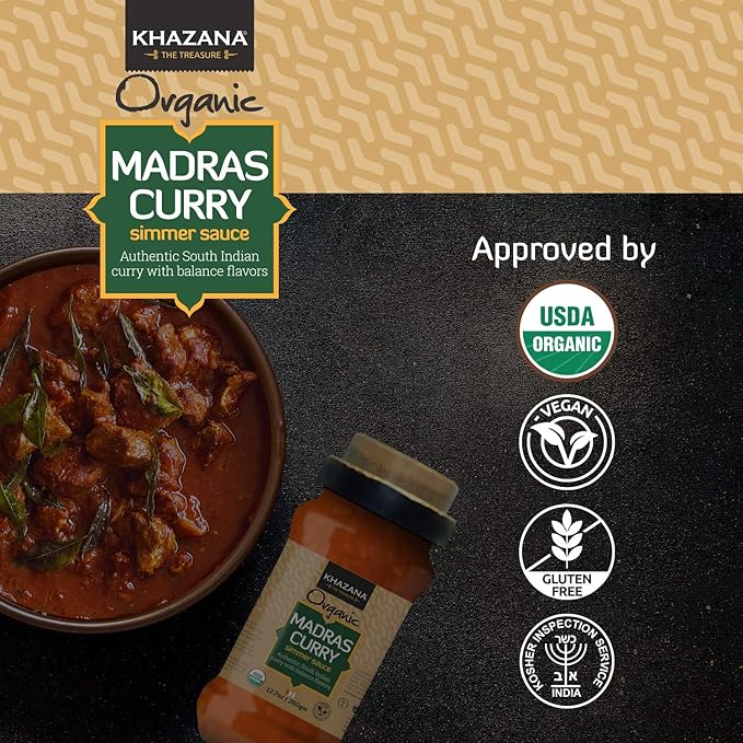 Khazana ORGANIC Madras Curry Indian Simmer Sauce - 6 x 12.7oz Jars | Non-GMO, Vegan, Gluten Free