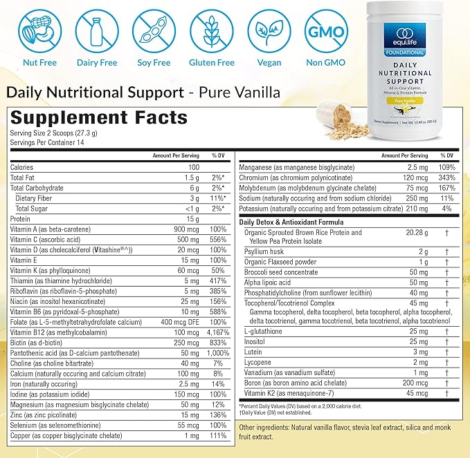 Equilife Daily Nutritional Support, All-in-One Multivitamin Meal Replacement, Pure Vanilla Flavor