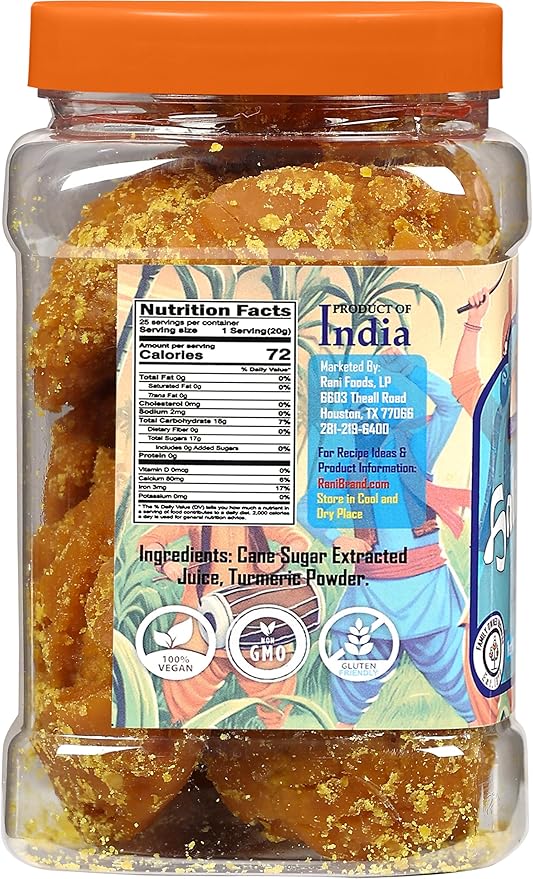 Rani Haldi Gur (Turmeric with Indian Jaggery) Indian Unrefined Raw Cane Sugar 17.5oz (1.1lbs) 500g