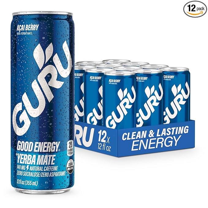 GURU Yerba Mate Organic Energy Drinks, Clean Energy Drink with Plant Based Natural Caffeine from