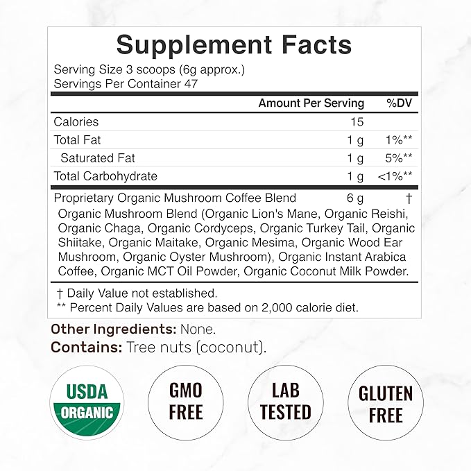Organic Mushroom Coffee, 10oz – 10 Adaptogenic Mushrooms with Arabica Coffee + MCT Oil for Smooth