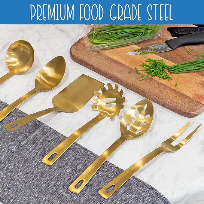Darware Complete Serving Spoon & Utensil Set (6-Piece Set, Gold); w/Pasta Server, Fork, Spoon