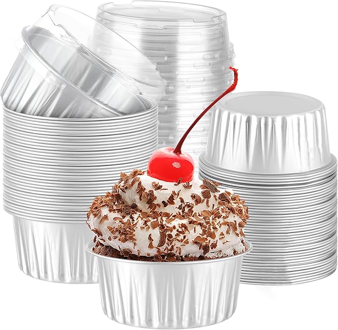 600 Pack Silver Bulk Packaging Mini Cake Pans With Lids, Alluminum Cupcake Containers, 5oz Dessert