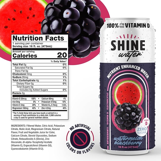 ShineWater Vitamin D Hydration Electrolyte Drink - Flavored Water with Electrolytes, Sugar-Free